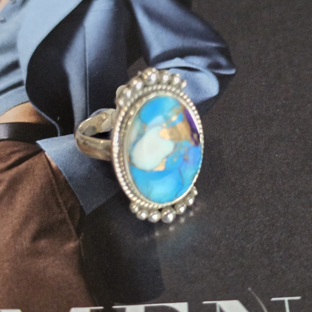 Turquoise Dahia In Sterling Silver Women's Ring~ Size 9 - Picture 7 of 12